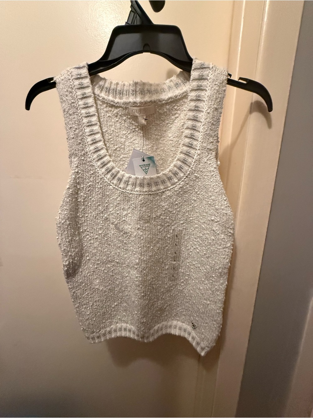 GUESS Cream Sparkle Bouclé Knit Tank Top Rhinestone logo Size large NWT